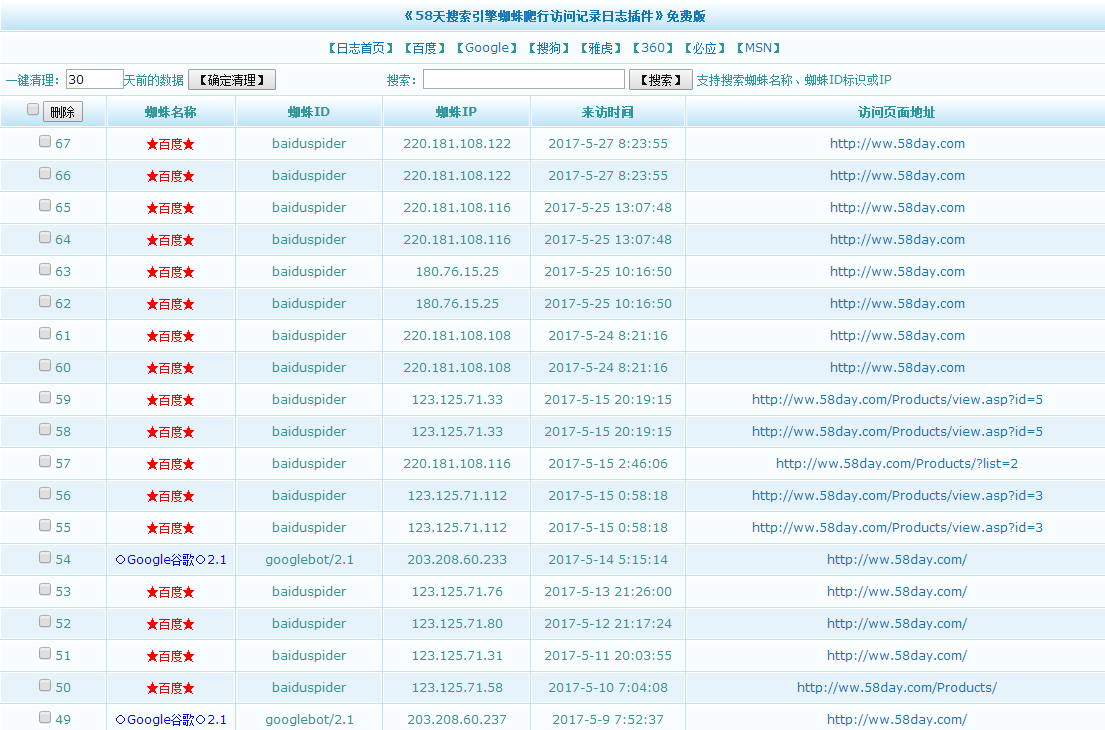 【首发】58天网站蜘蛛爬行监控插件免费版